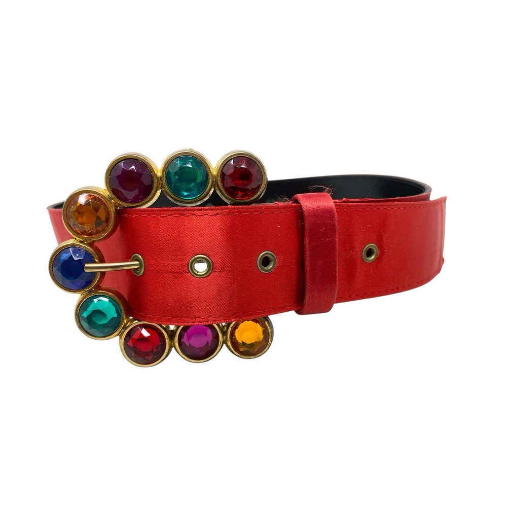 VTG Womens Red Fabric Large Bejeweled Buckle Belt Size Small Retro 80's 90's